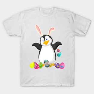 Penguin And Bunny Rabbit Hat Easter Eggs Happy Day T-Shirt